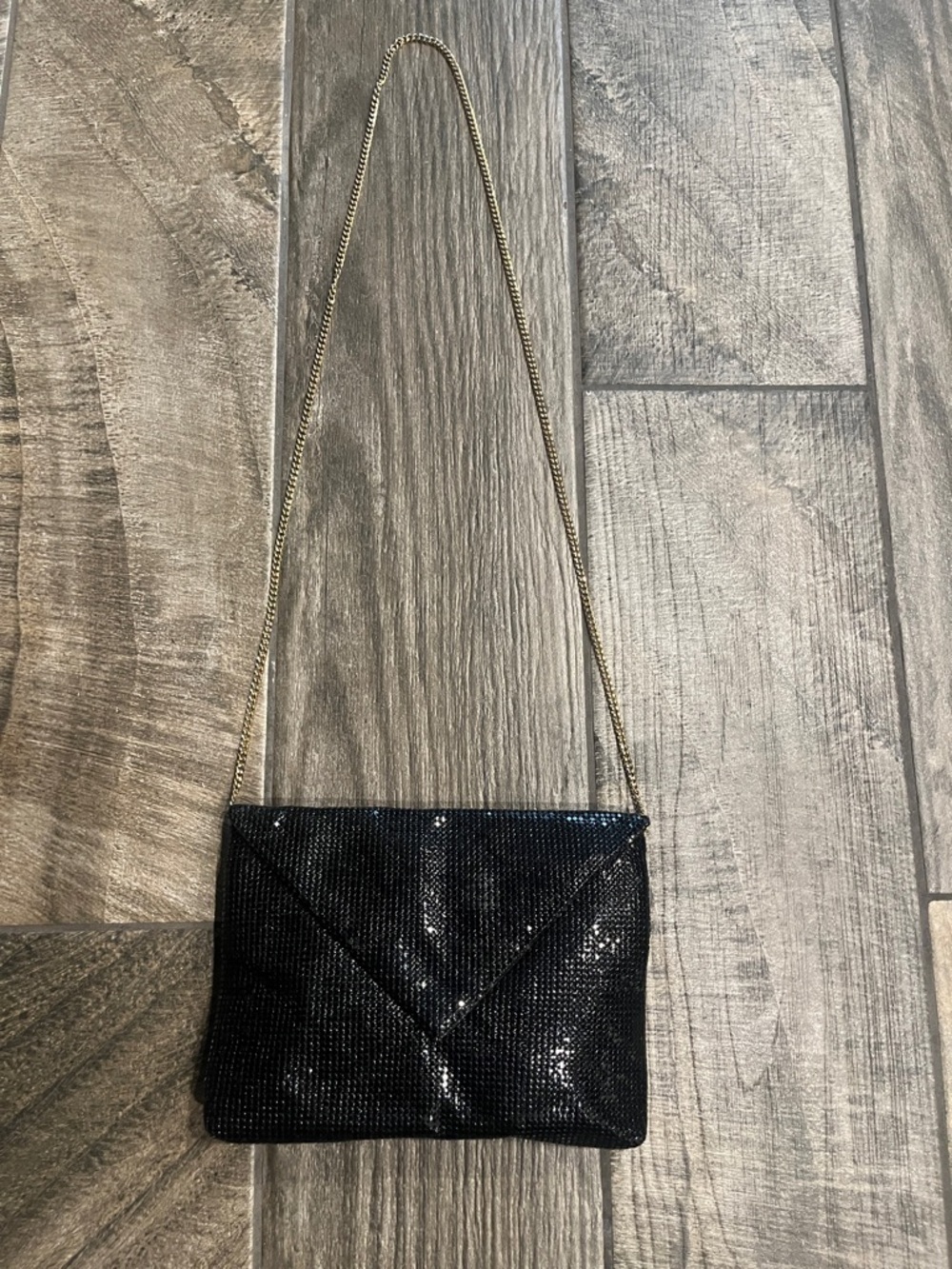 Vintage Whiting & Davis Black Sequin Envelope Shoulder Bag with Gold Chain